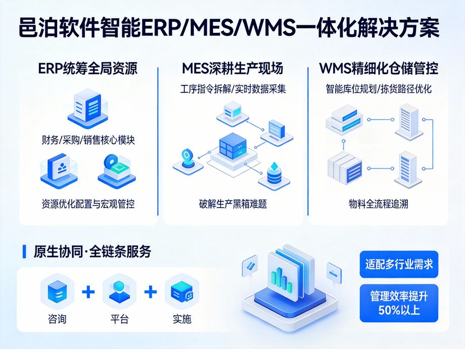 邑泊软件破解企业管理协同难题，erp统筹各部门计划，mes协调生产各工序，wms配合物料收发货，协同效率提升。